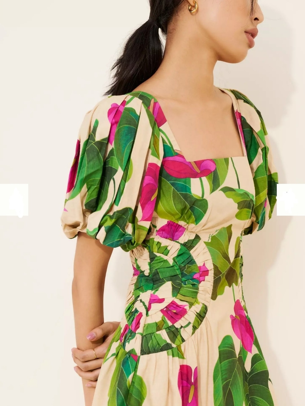 Farm Rio Floral Puff-Sleeve Square Neck Dress in Cream and Pink